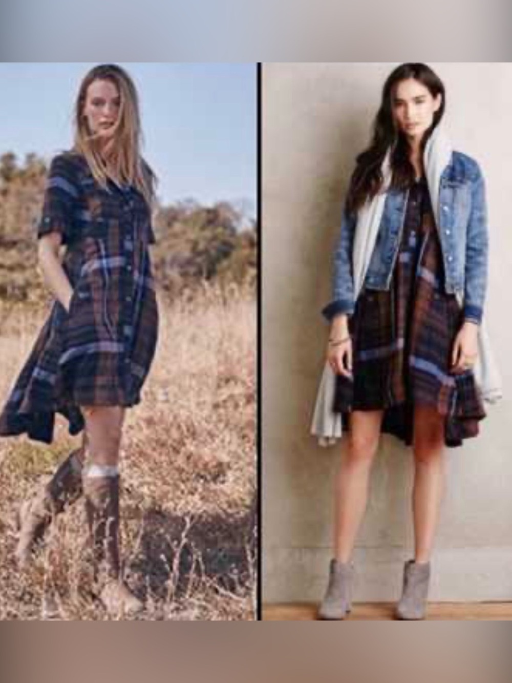HOLDING HORSES Mixed Plaid Shirt Dress High-Low Handkerchief Hem Blue/Brown SZ 2 - Picture 3 of 15